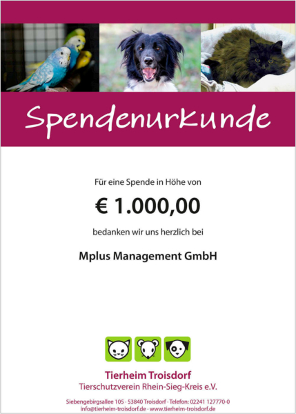 Spendenurkunde-Tierheim-Troisdorf